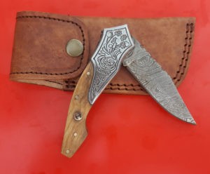 Handmade Damascus Folding Knife, Engraved Steel Bolster Olive wood Mosaic