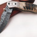 Handmade Damascus Folding Knife Engraved Steel Bolster Sheep Horn Handle