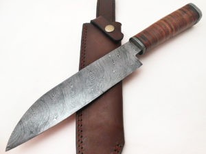 Custom handmade Damascus Chef Knife Leather Handle