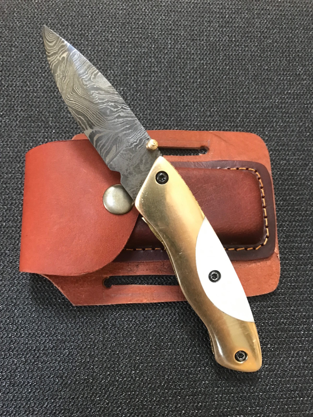 Damascus Folding Knife Brass Camel Bone handle leather sheath