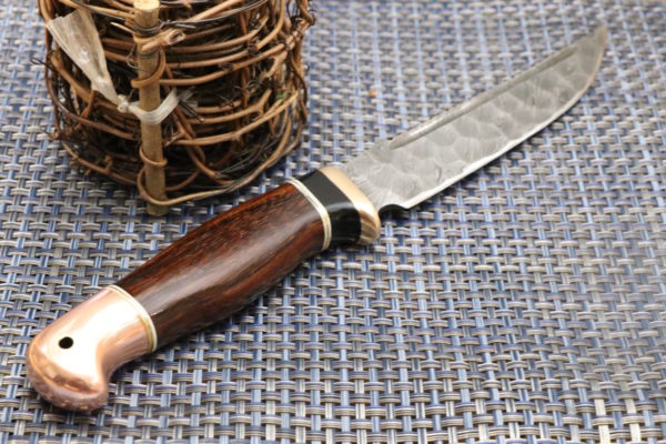 Handmade Damascus Knife Copper Bolster, Ebony wood, Rose wood Handle