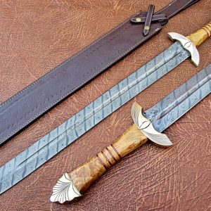 Handmade Damascus Defender Sword engraved Brass Bolster Olive Wood Handle