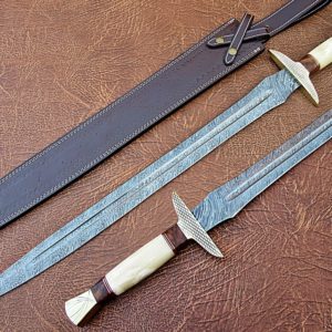 Handmade Damascus Steel Sword, Rosewood camel bone brass