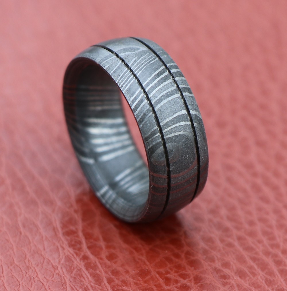 Damascus steel wedding band  double lines outer lay