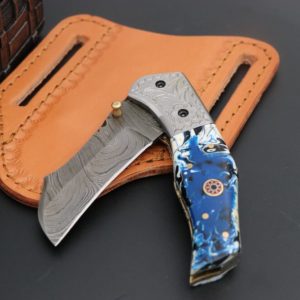 Blue Damascus Steel Folding knife