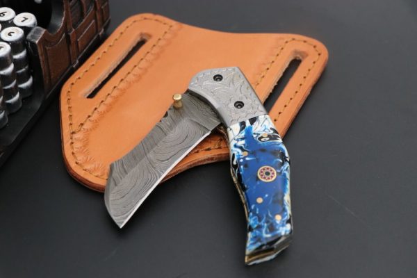 Blue Damascus Steel Folding knife