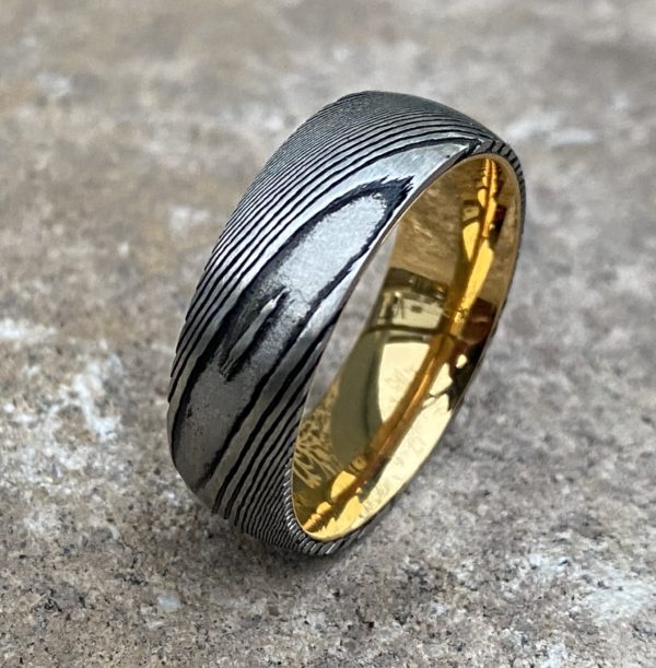 Damascus steel Rings 14k gold , Mens gold band