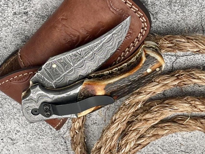 LADDER DAMASCUS STAG HORN HANDLE FOLDING KNIFE WITH POCKET CLIP EDC KNIFE  CAMPING BEST GIFTING KNIFE - Damascus Outlet